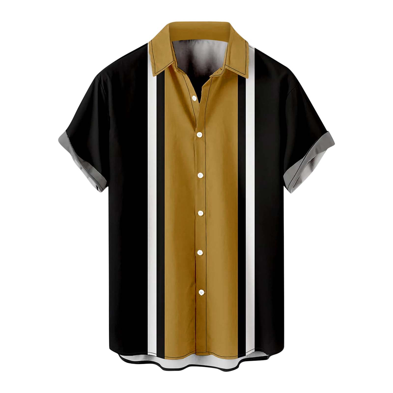 Shirts For Men Summer Hawaii Loose Print Turn Down Collar Short Sleeve Blouse Gold L